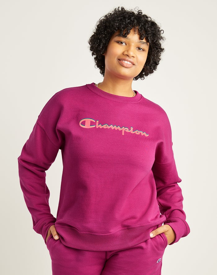 Champion Sweatshirt Dames - Roze - Powerblend Fleece Relaxed Crew Script Logo ( 614087-AXE )